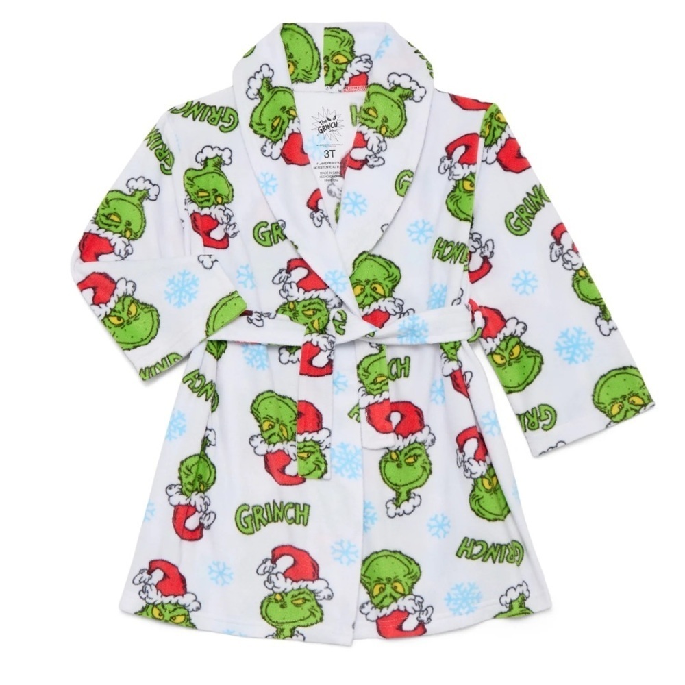 Kids Grinch Pajama Robe NEW XS 4/5 Christmas Dr. Seuss White Green Red